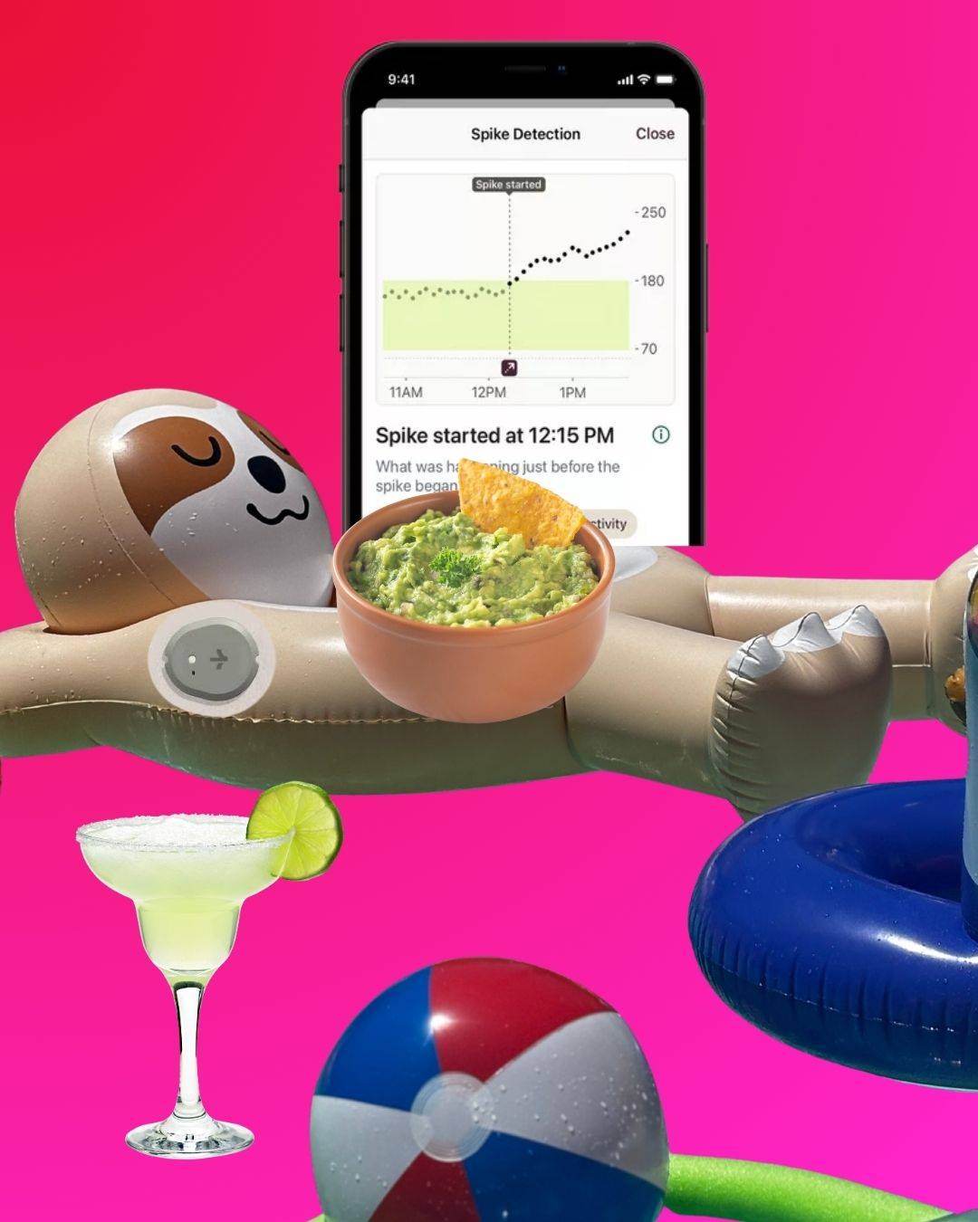 Ein aufblasbares Faultier liegt entspannt auf einem knallpinken Hintergrund, am Arm trägt es einen Glukosesensor. Daneben zeigt ein Smartphone-Display einen Glukoseanstieg mit der Beschriftung „Anstieg begann um 12:15 Uhr“. Vor dem Faultier: eine Schüssel