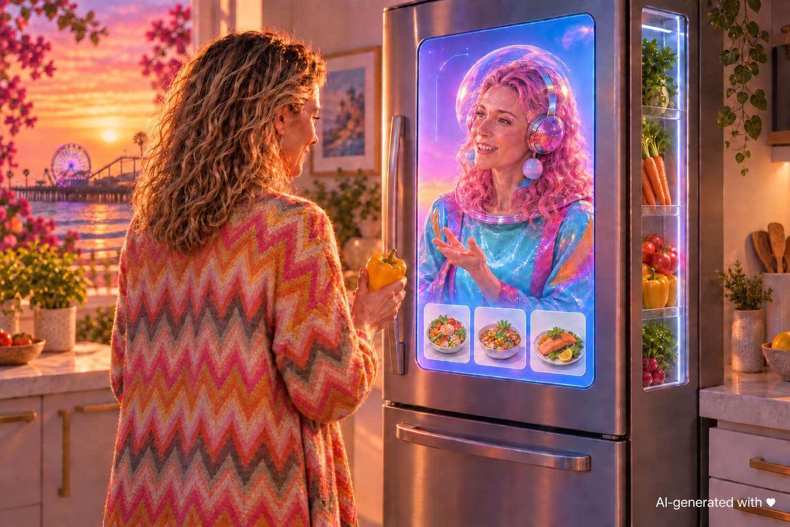 mone plant ihre Mahlzeiten mit einer pinkhaarigen KI-Begleiterin auf dem Display eines futuristischen Kühlschranks. Durch das Küchenfenster sieht man den Santa Monica Pier im Sonnenuntergang.
