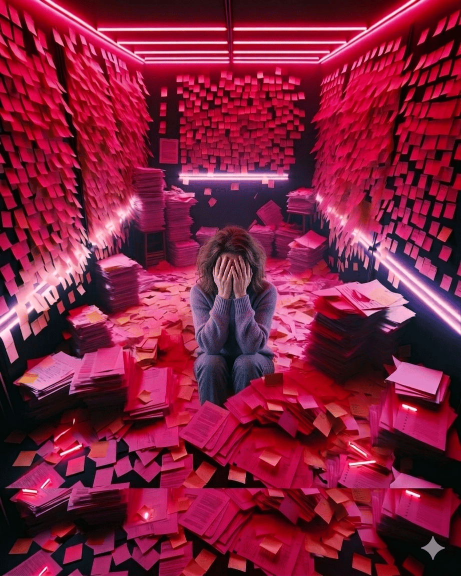 Frau sitzt in einem neonbeleuchteten Raum voller Papierstapel und Post-its, hält sich den Kopf vor Überforderung, chaotische Umgebung symbolisiert mentale Überlastung.