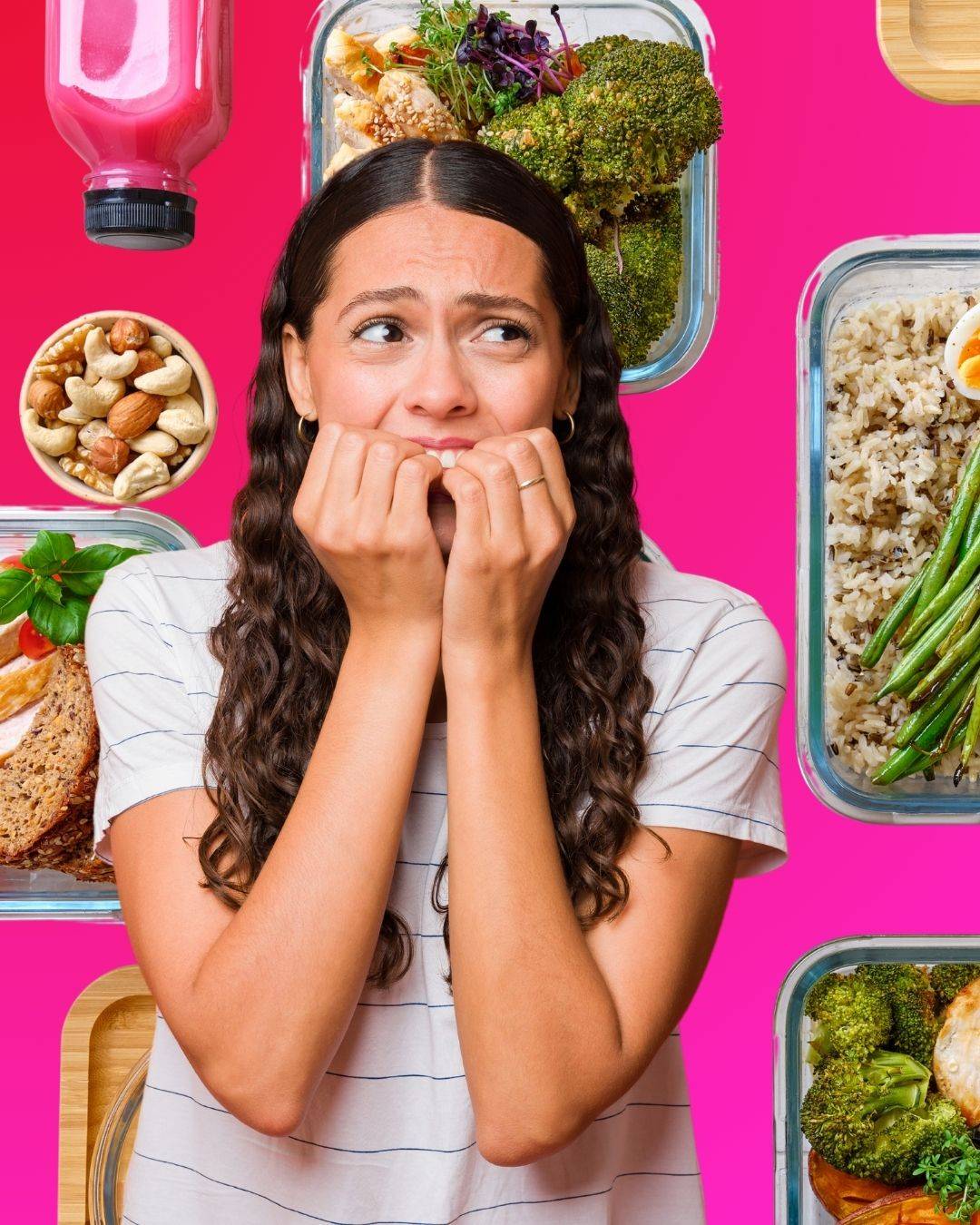 A worried young woman biting her nails, surrounded by healthy meal prep containers and snacks, symbolizing anxiety about AI data privacy—illustrating how overcoming data fears can start small, with something as simple as meal planning. Set against a brigh