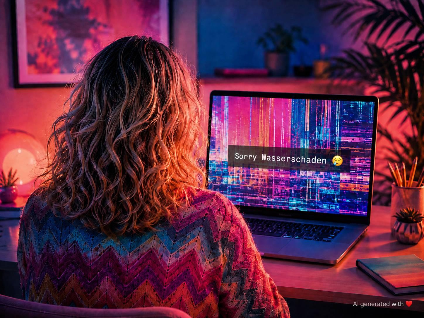 Frau von hinten vor einem Laptop mit farbenfrohem, gestörtem Bildschirm und der Meldung „Sorry Wasserschaden ?“, in einem hellen Homeoffice mit VENICE-Bild.