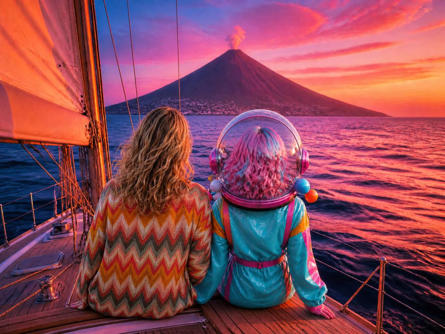Two figures on a sailboat at sunset—one human, one in a futuristic pink helmet with headphones—looking out at the ocean and a distant volcano