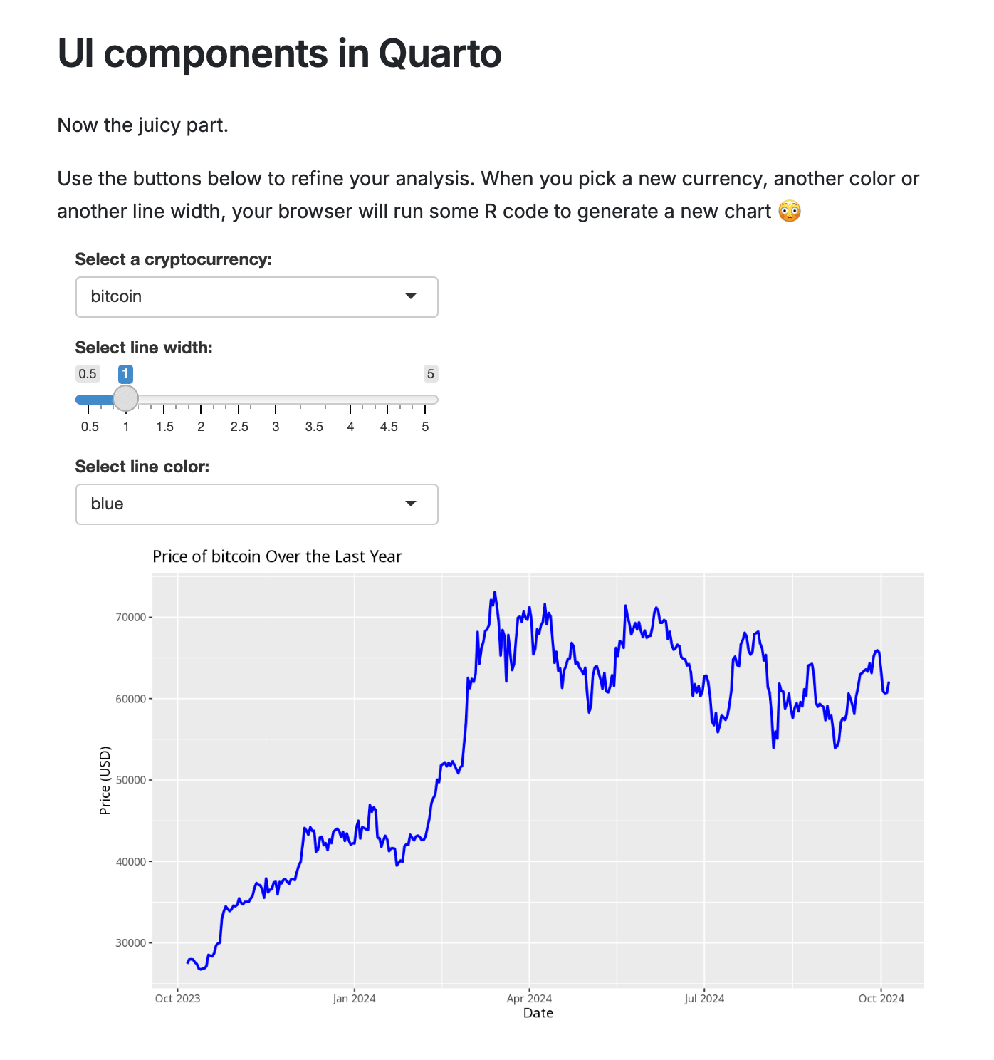A tiny Shiny app running inside a Quarto document with no server