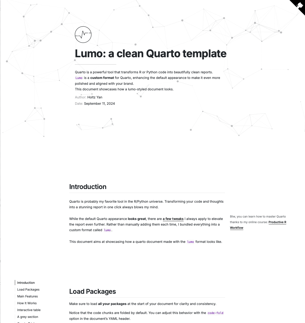 Overview of a Quarto report made with the Lumo custom format