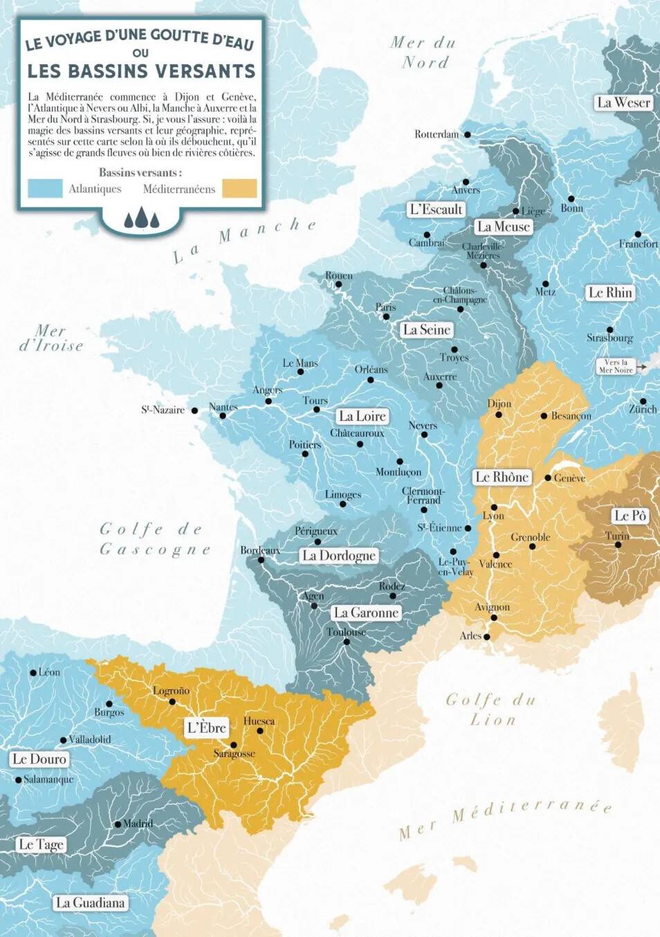 Map of French river basins coloured by the sea each one flows into