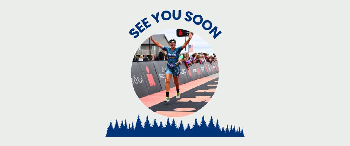 A banner that says "see you soon" with a runner crossing the finish line, hands up in victory