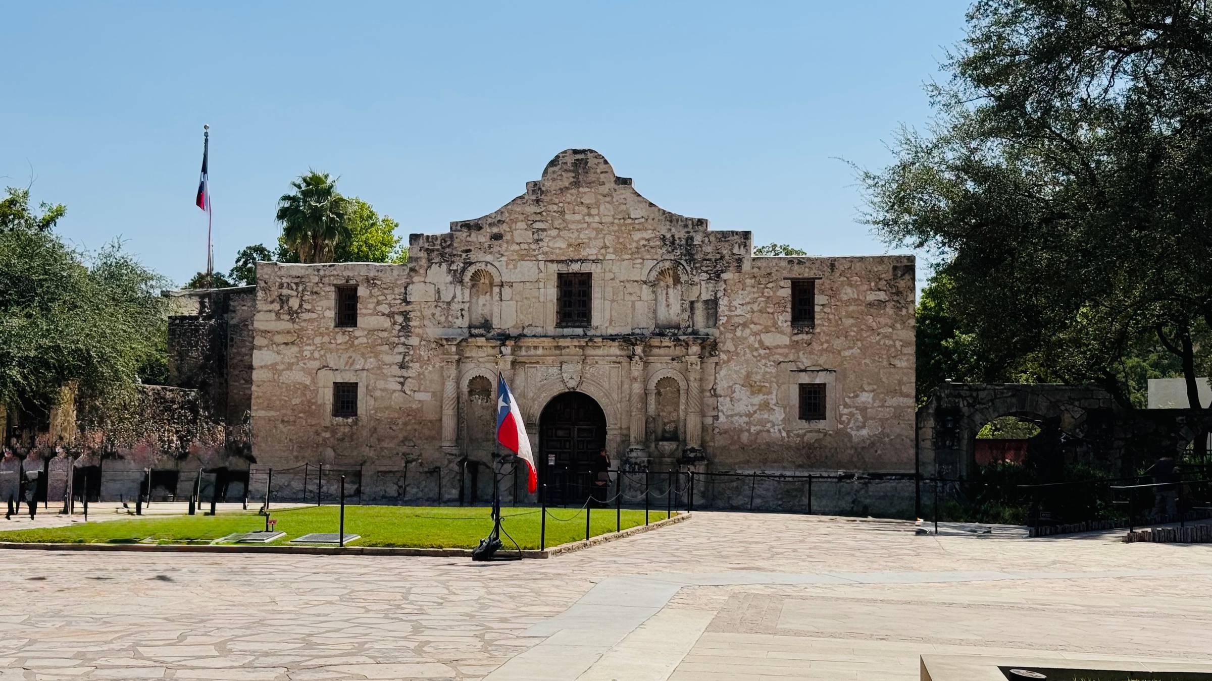 The Alamo church in San Antonio, Texas, viewed from the historic grounds