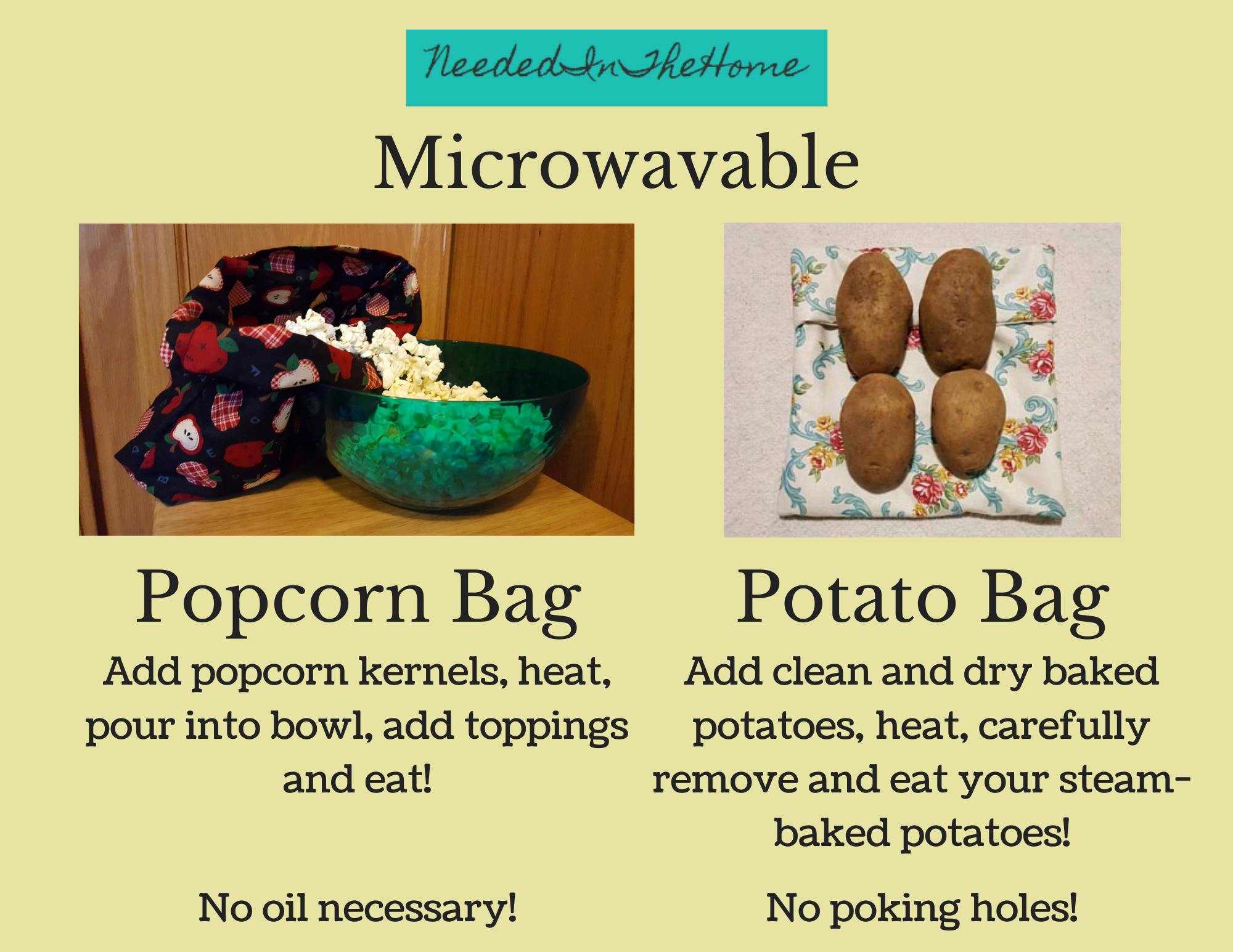 microwavable popcorn bag and potato bag examples of products from NeededInTheHome on Etsy