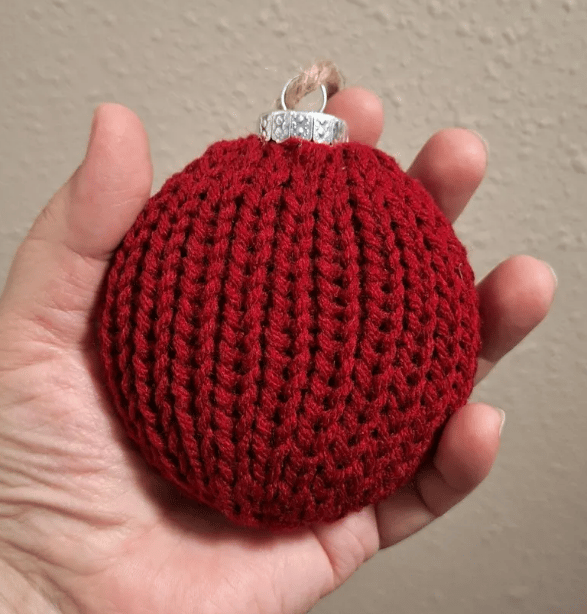 new product on etsy knit ornament glass disc burgundy hue