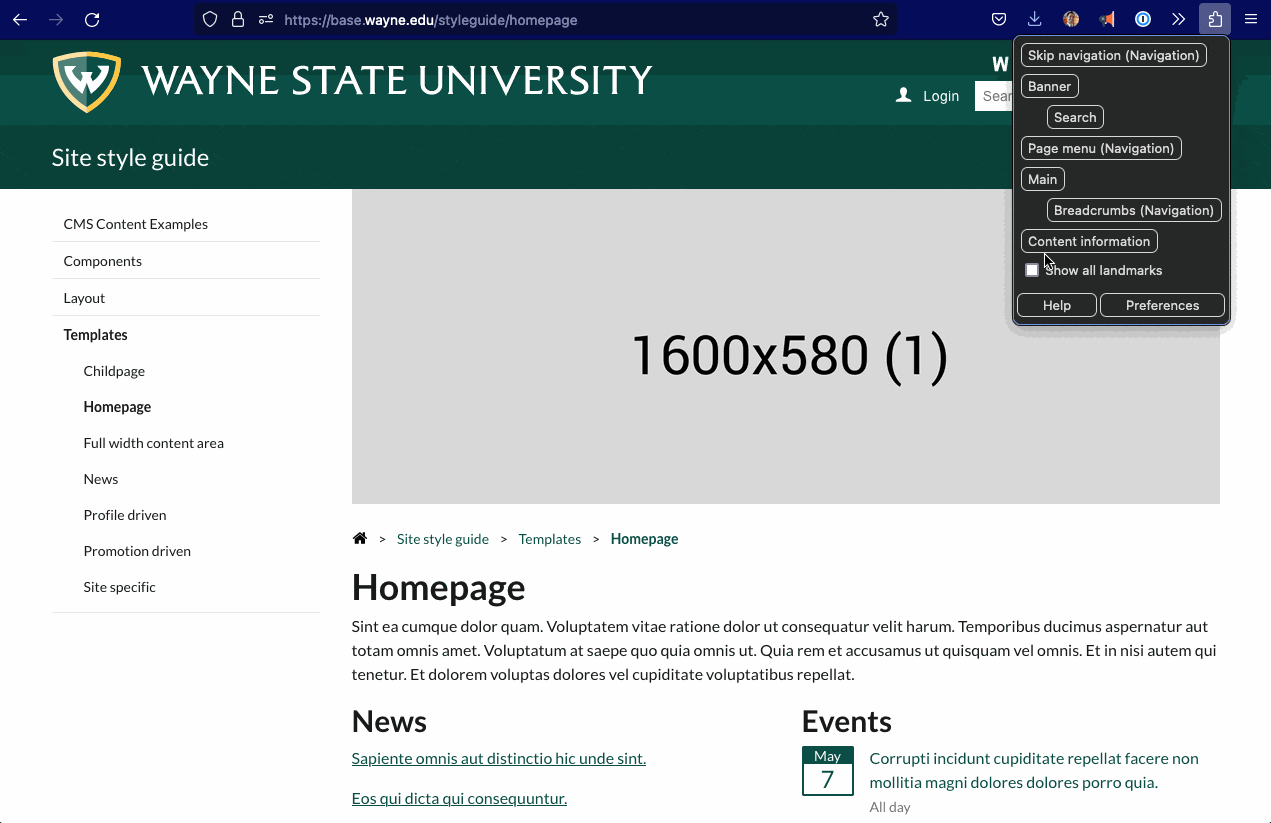 Visual overview of using the Landmarks browser extension to highlight each landmark and all at once