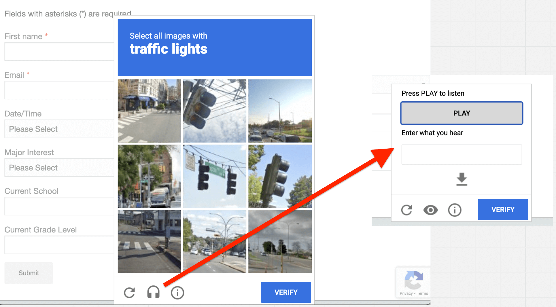 Screenshot of a Google CAPTCHA asking to click on images of traffic lights. The Audio option is also selected with an arrow to the player forms.