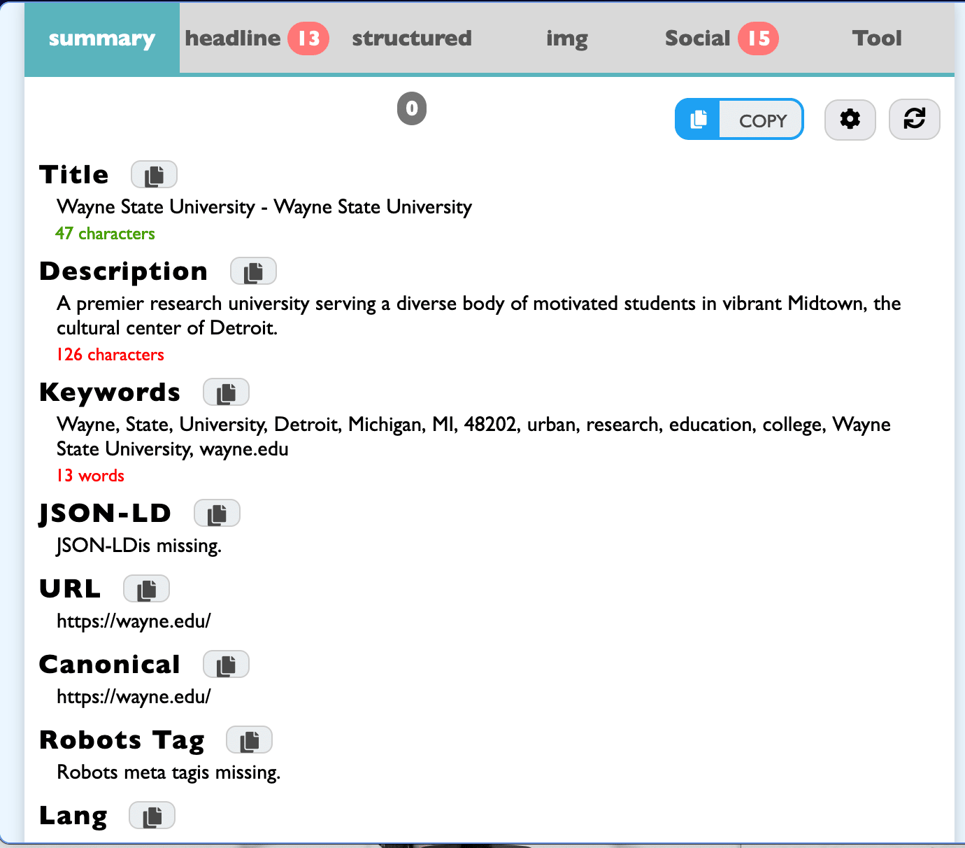 Screenshot of SEO report showing a summary of tags on the page, most notable is the title tag with double copy in it