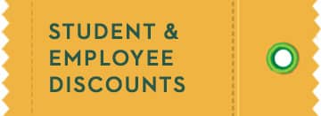 Screenshot of an illustrated ticket stub with the words Student and emploee discounts on it