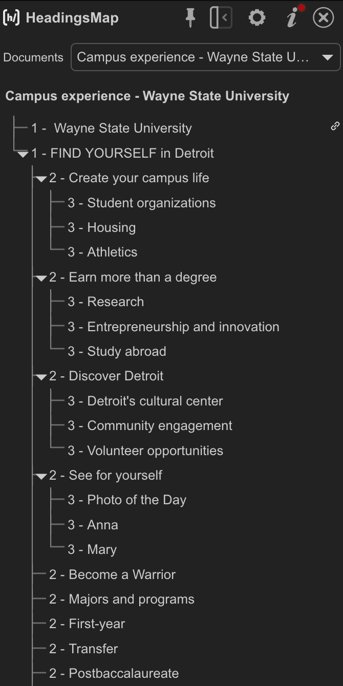 Screenshot of a headings map result that shows H1s to H3s