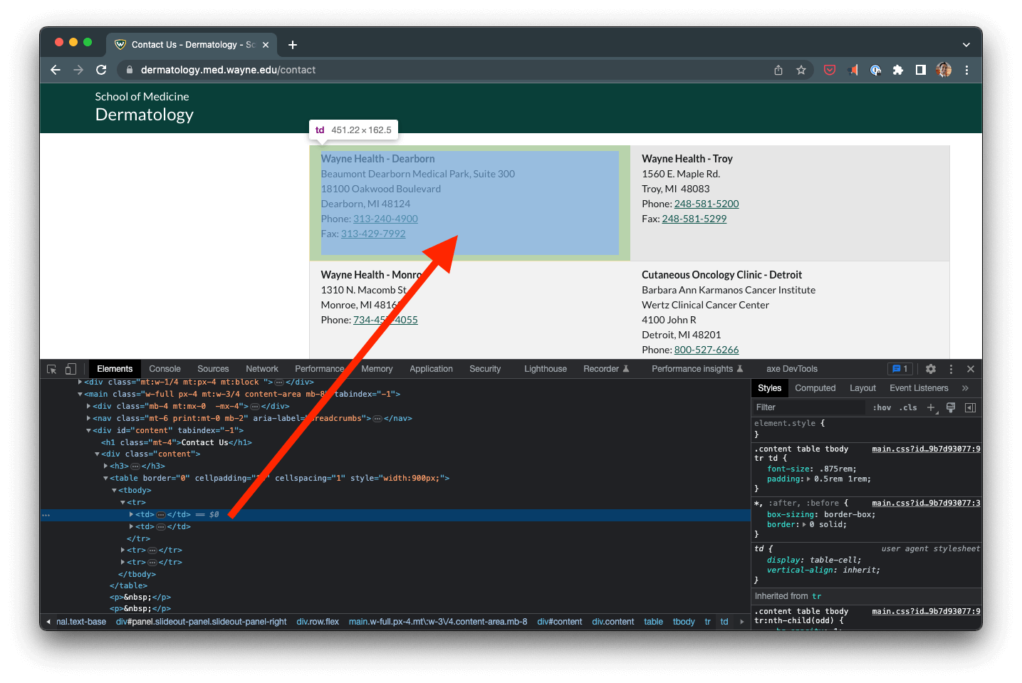 Screenshot of a web page with the inspector open with an arrow pointing from the table code to a visible table on the page