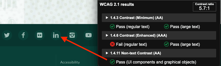 Screenshot of the color contrast for icons on a green background showing it passes the test with a 5.7:1 ratio