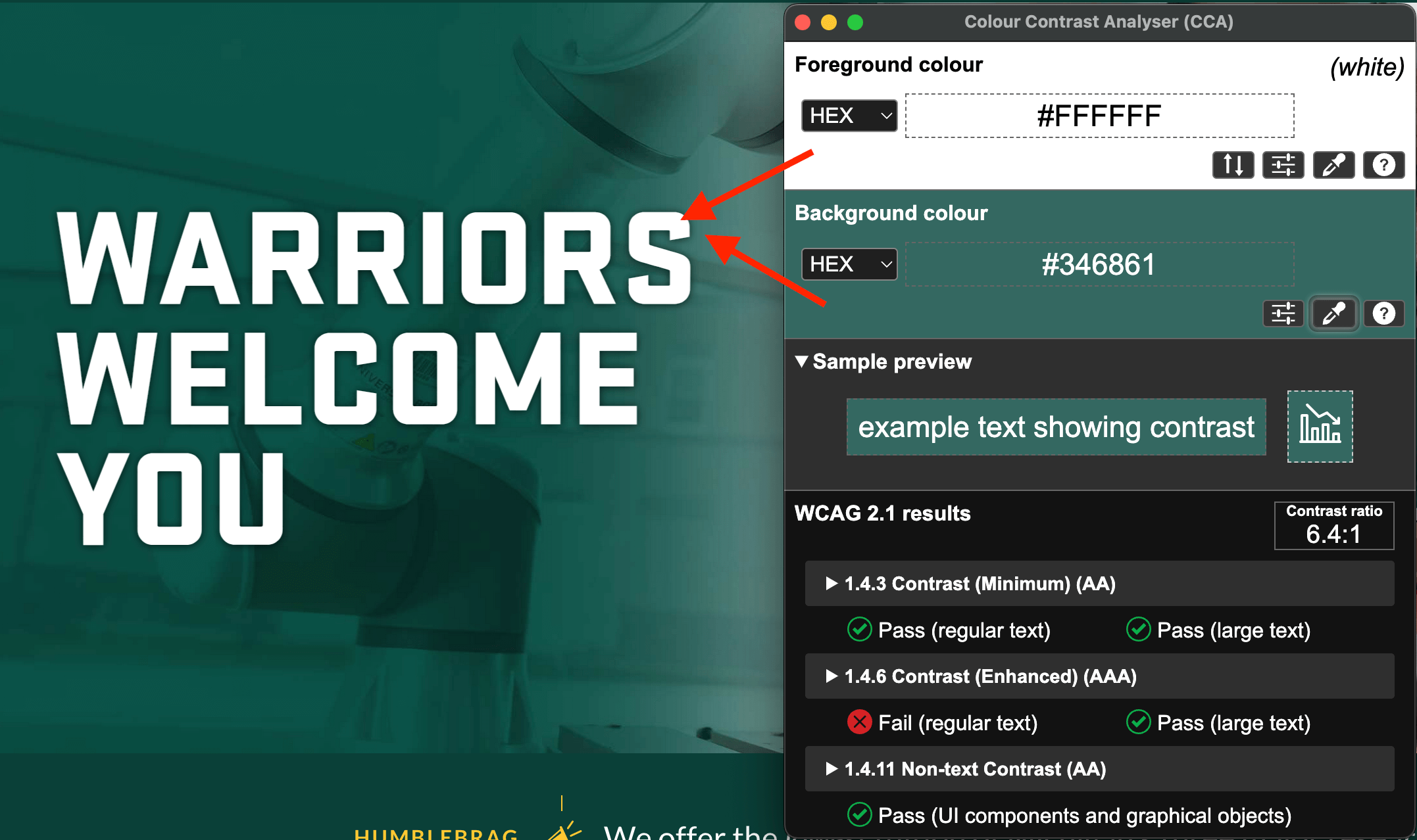 Screenshot of Warriors Welcome You with a contrast checker next to it and arrows pointing to the spots to check contrast