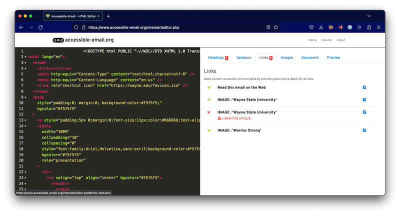 Screenshot of the accessible email results showing one error on the repetitive link labels