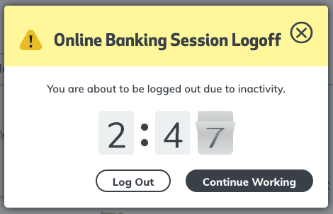 Screenshot of a modal warning the user their session is about to expire with a countdown and buttons to continue or log out