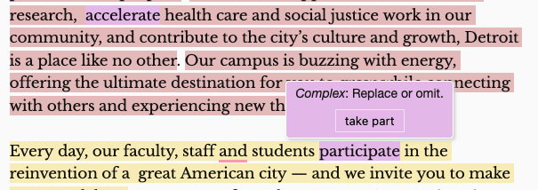 Screenshot of text in the Hemingway editor showing a hard to read sentence and the word participate which should be replaced or omited