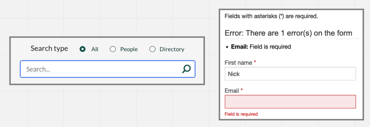 Two screenshots of website interface elements, the first is a search box with a magnifying glass as the submit button, the second is a form showing instructions that the asterisks denotes required fields