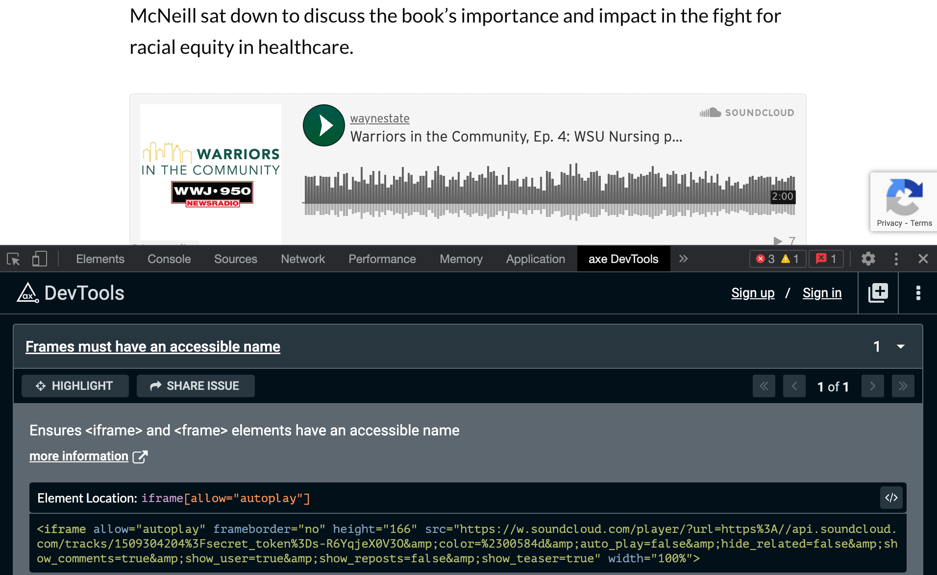 Screenshot of a web page with the Soundcloud embed and axe devtools open showing an error for the missing title attribute