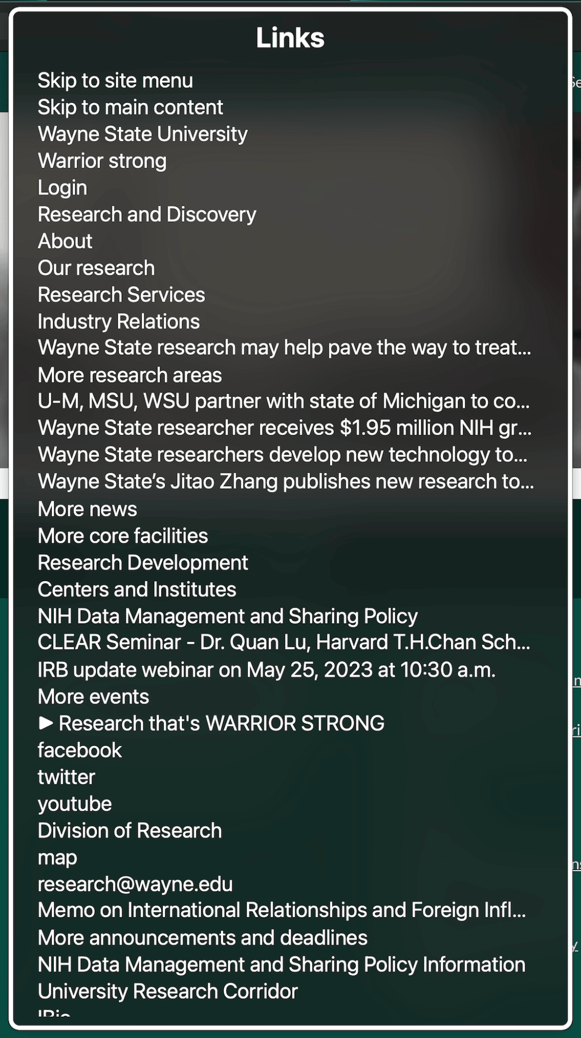 Screenshot of Mac OS VoiceOver link list for the Division of Research website