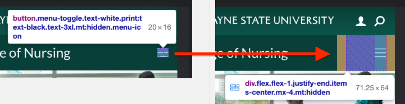 Two screenshots next to each other to compare the hamburger icon in a website, the icon itself is too small, but the clickable area around it is expanded to meet the minimum size requirements