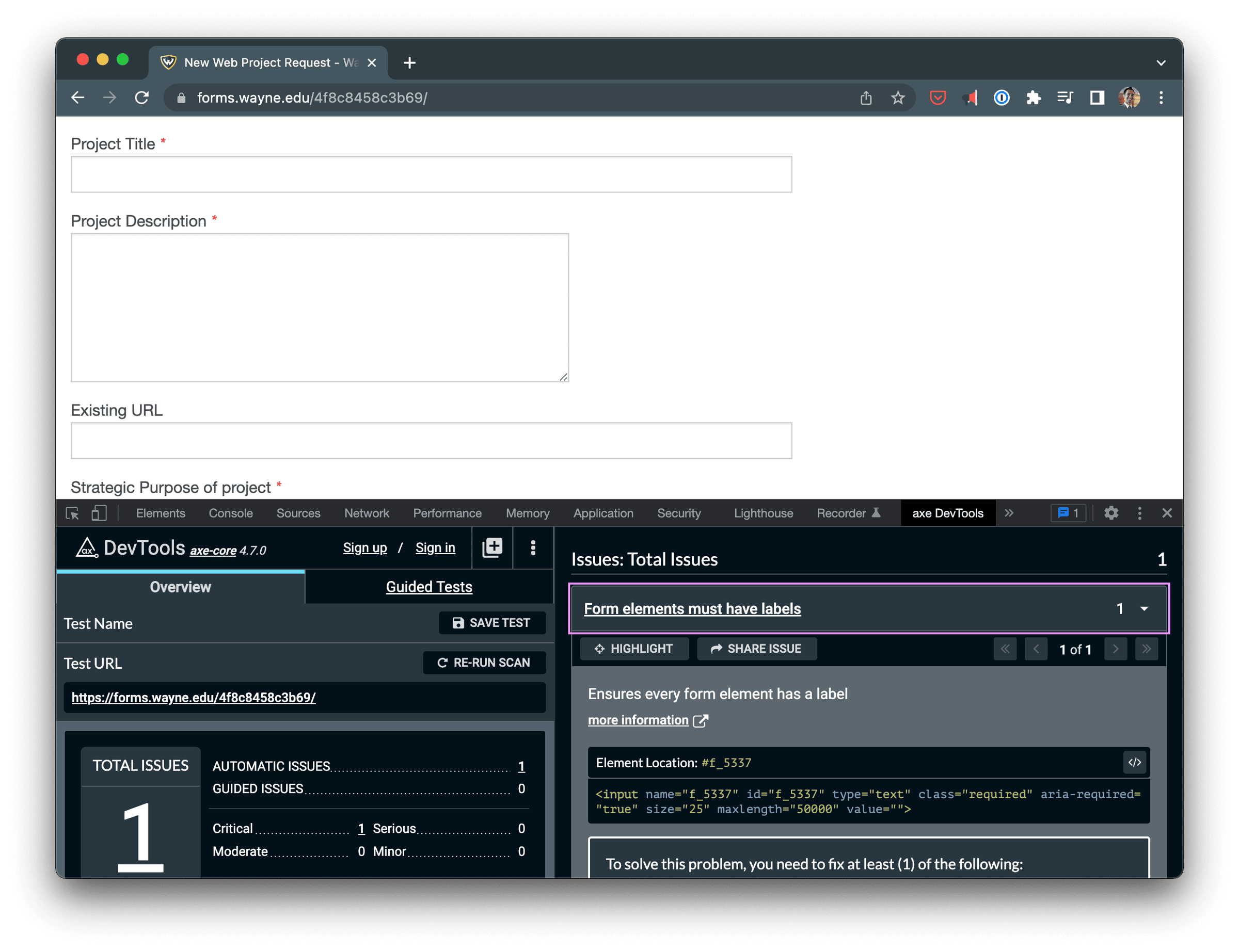 Screenshot of a form with the axe DevTools window open showing an error with the form