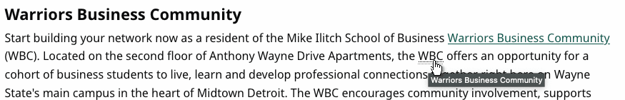 Screenshot of a web page explain the Warriors Business Community (WBC) abbreviation and then showing a marked up tooltop version