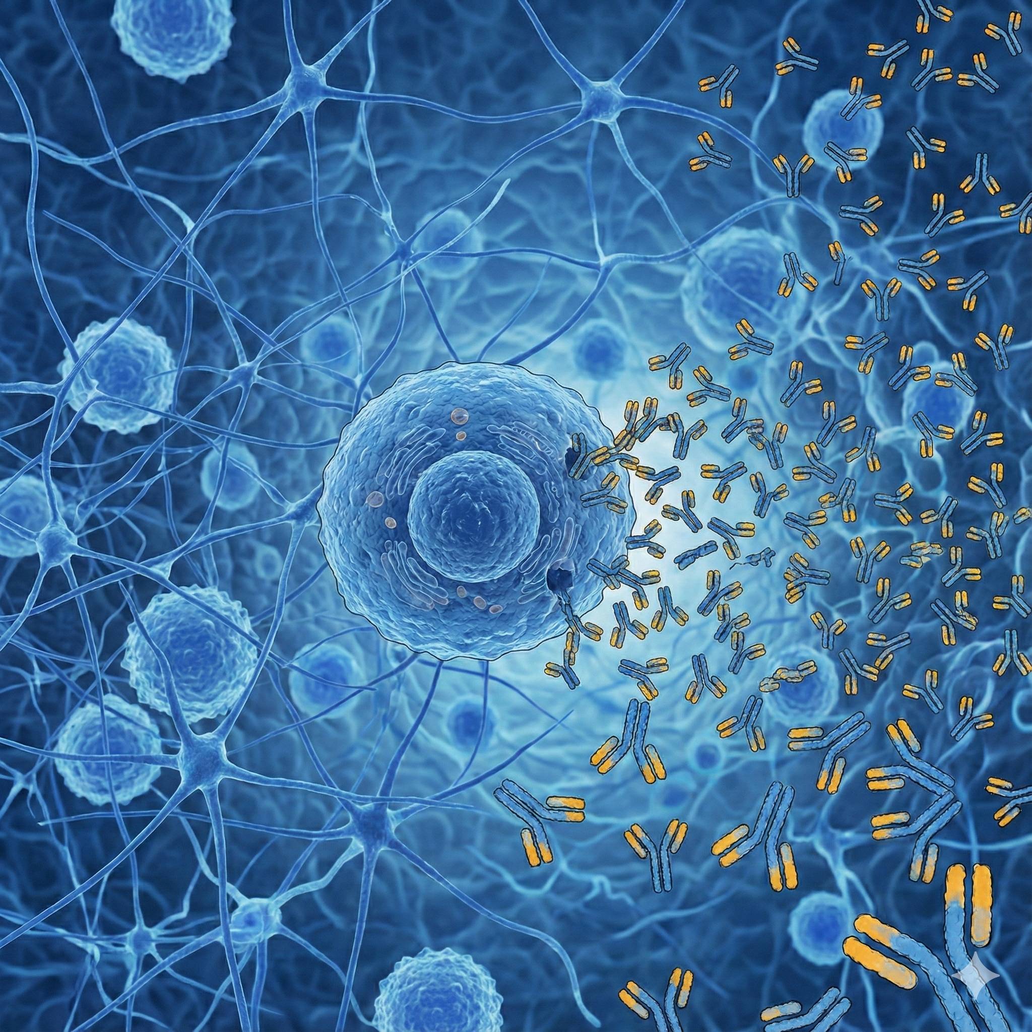 Un linfocito B liberando anticuerpos monoclonales.