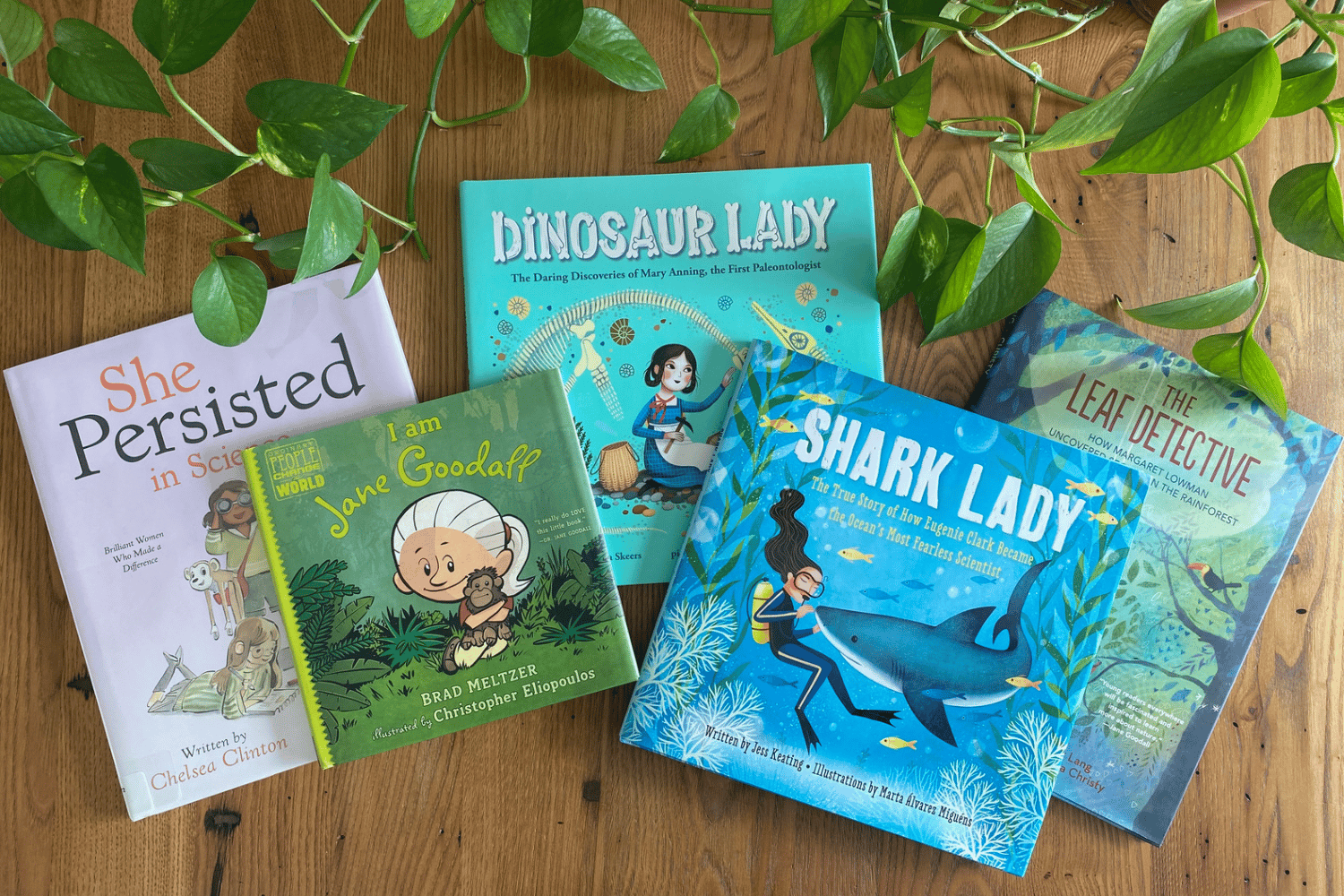 5 children’s picture books sit on top of a wooden table