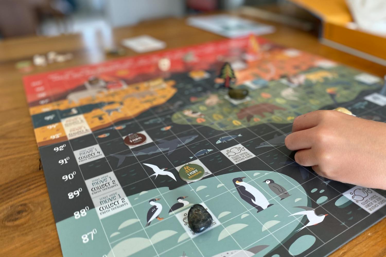 Earth Matters board game sits on a wooden table.