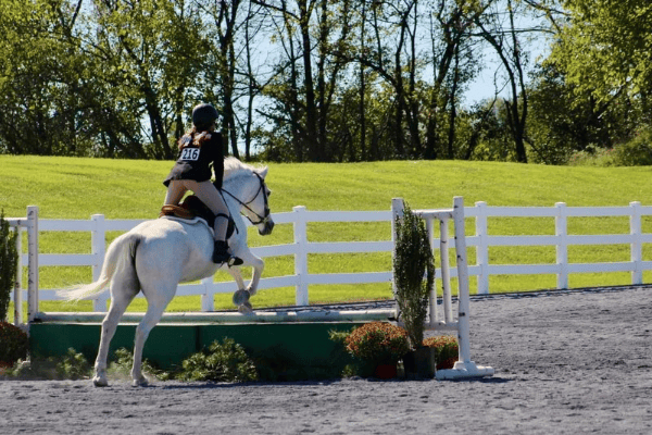 A young girl riding a white pony while jumping over an obstacle outside
