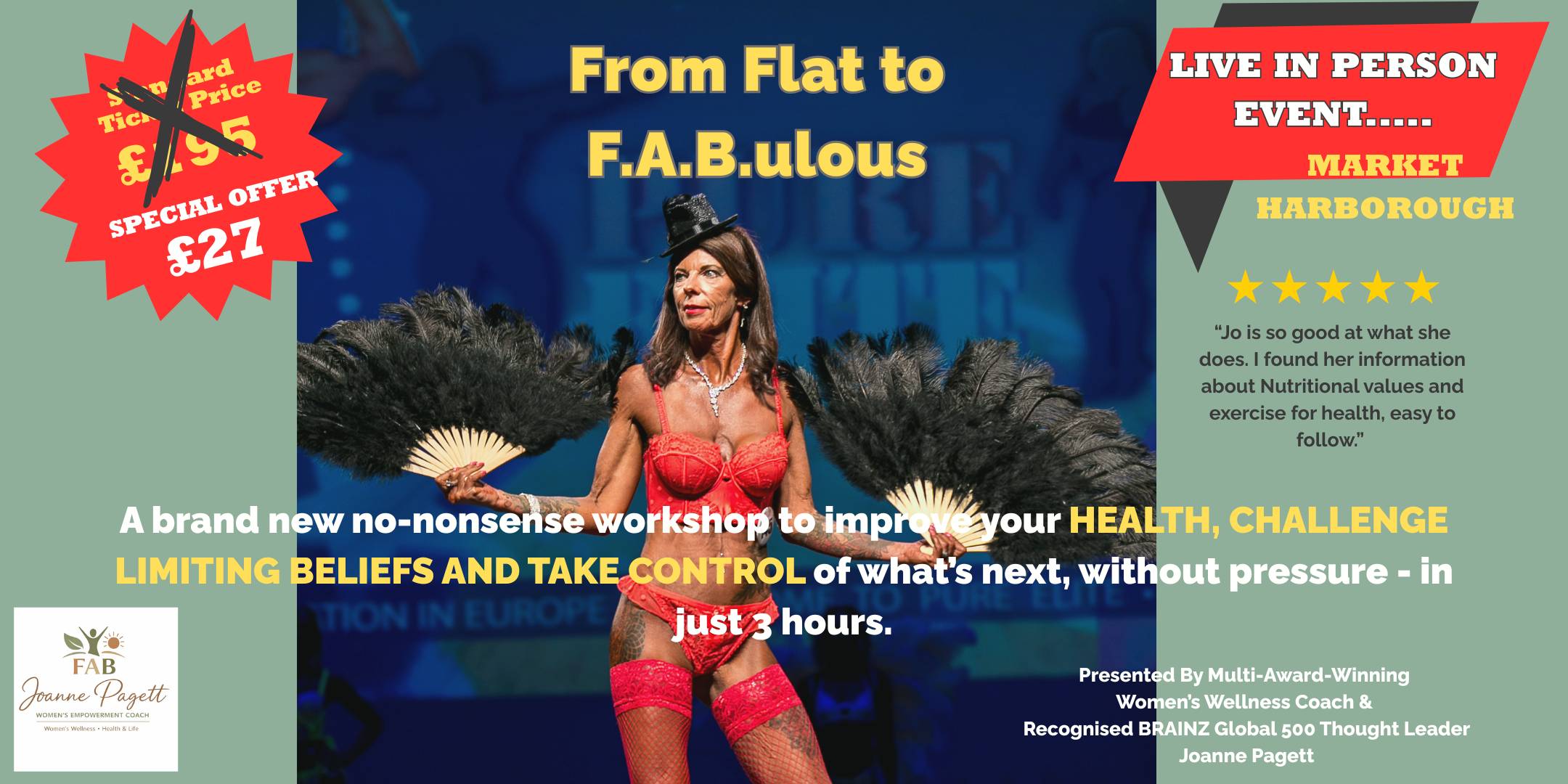 Flyer for event with Joanne Pagett on stage in a bodybuilding competition