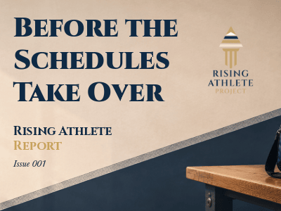 Rising Athlete Report Issue 001 thumbnail with title "Before the Schedules Take Over" over a locker room bench scene