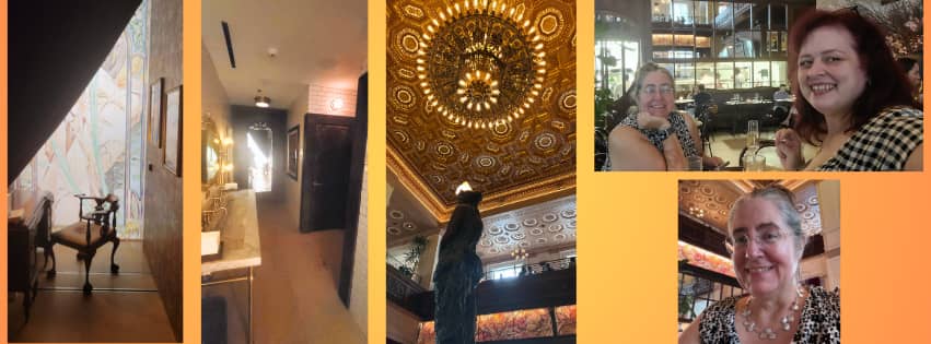 Hidden nook for reapplying lipstick, the restroom stalls were super private; Kim and Keely enjoying happy hour at La Grand Boucherie DC; Keely grinning and wearing the Croatian pearl necklace