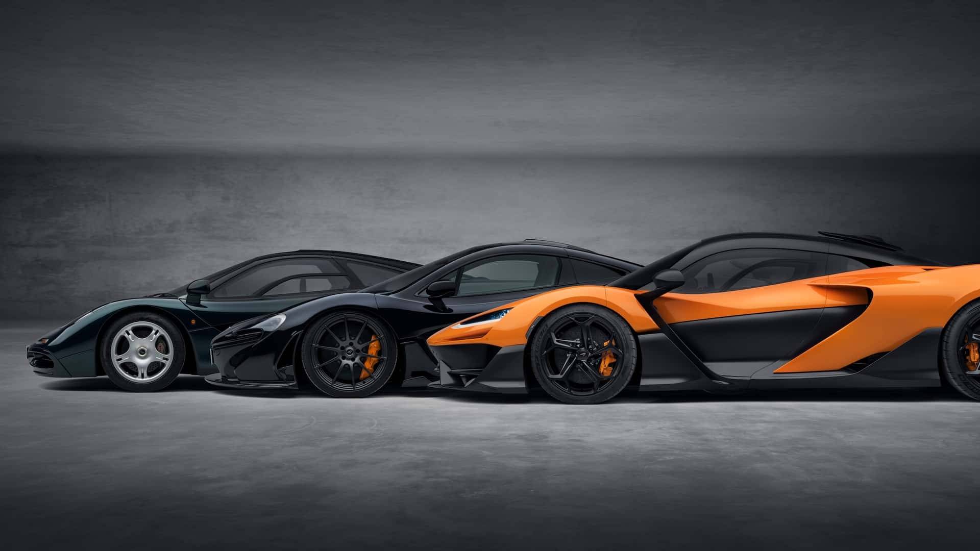 McLaren F1, McLaren P1 and McLaren W1 in a side view