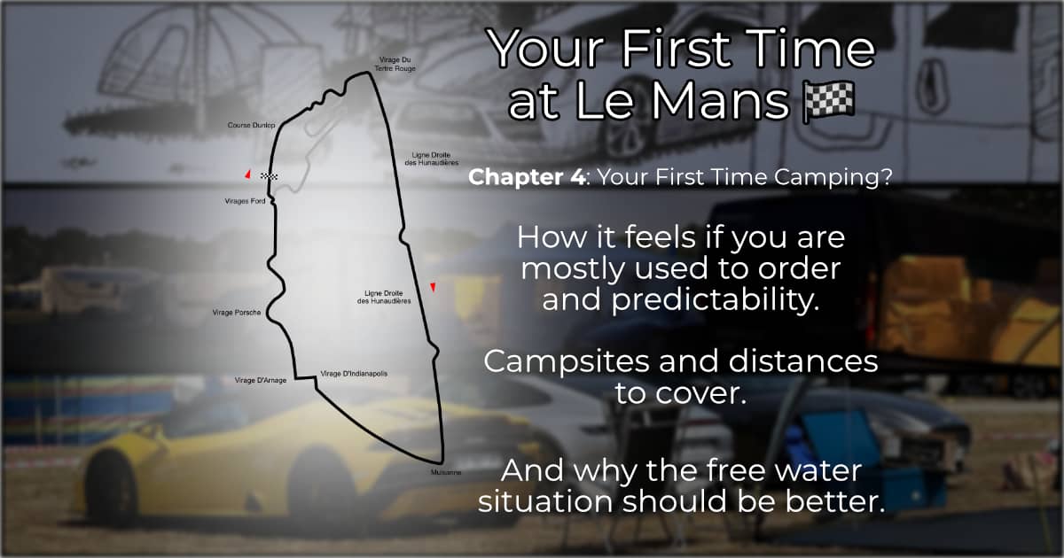 Circuit de la Sarthe outline illustration on the left, with some text on the right, saying: "Your First Time at Le Mans. Chapter 4: Your First Time Camping? How it feels if you are mostly used to order and predictability. Campsites and distances to cover.