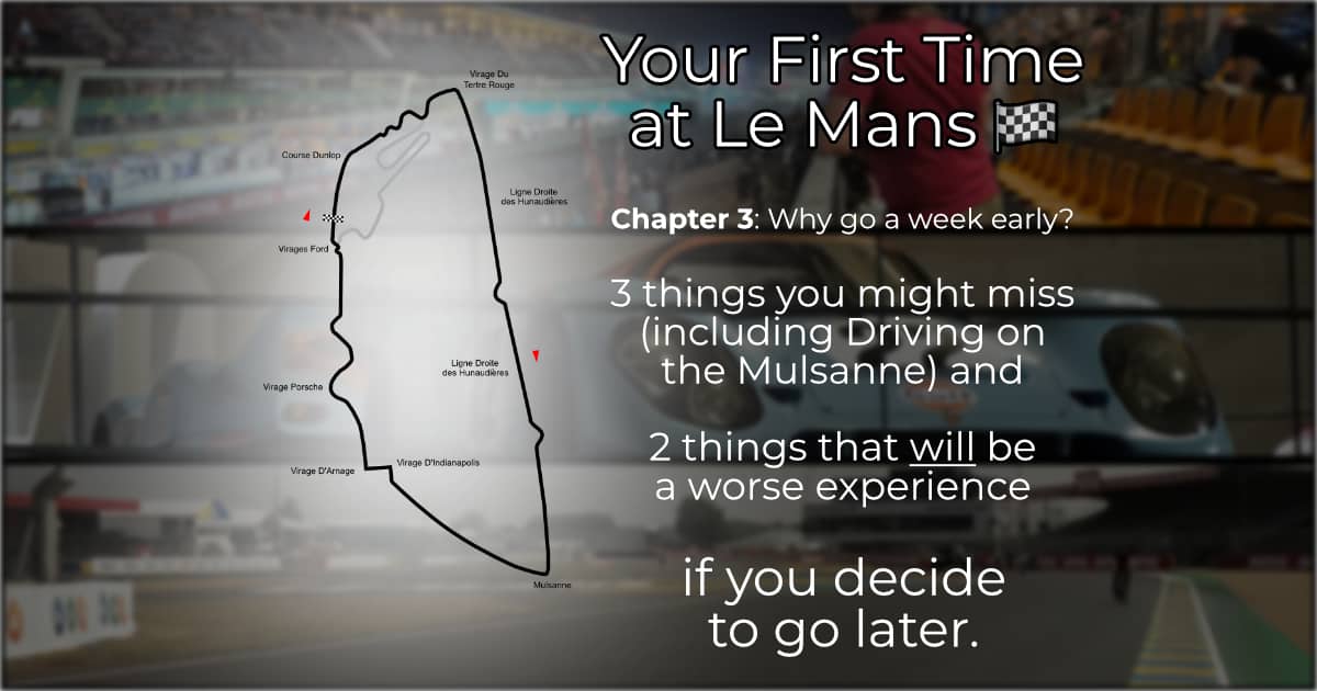 Circuit de la Sarthe outline illustration on the left, with some text on the right, saying: "Your First Time at Le Mans. Chapter 3: Why go a week early? 3 things you might miss (including Driving on the Mulsanne) and 2 things that will be a worse experien