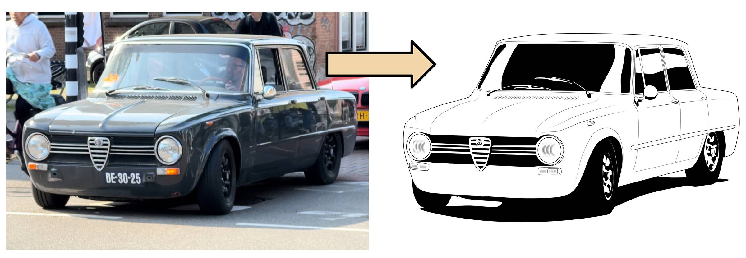 A reference image of an Alfa Romeo Giulia 1300ti and an illustration of it