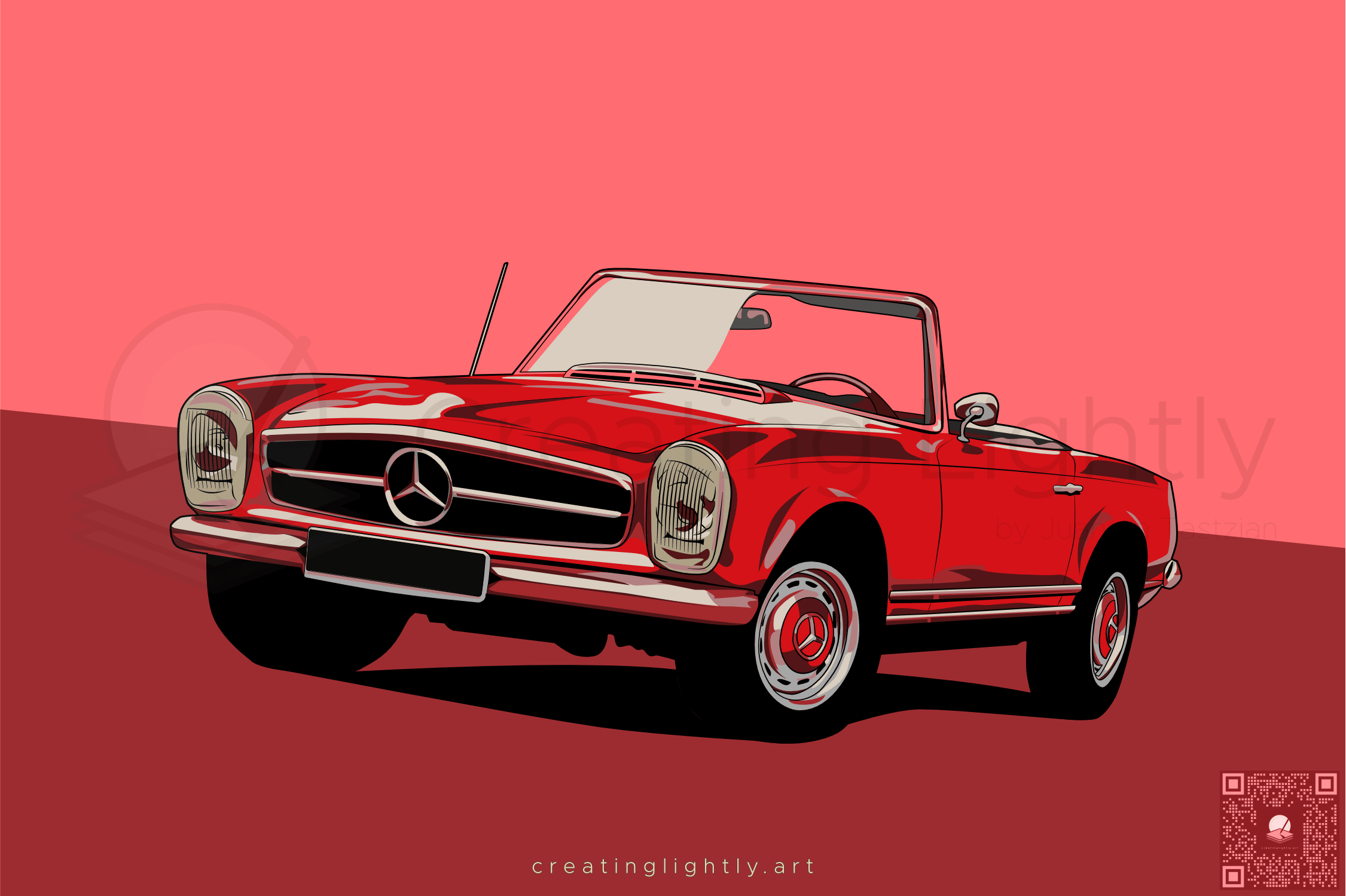 Digital illustration of a Mercedes-Benz W113 Pagoda by Creating Lightly