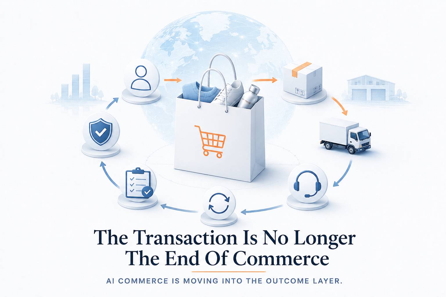 Minimal editorial image showing an AI commerce loop moving from intent to payment, then into fulfillment, service, clienteling, and post-purchase support.