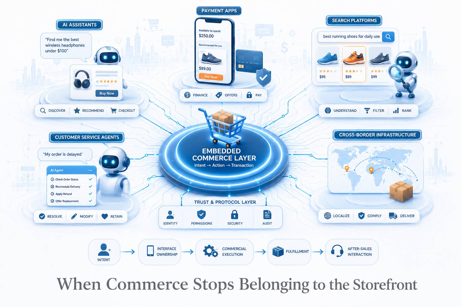 A structural diagram showing customer intent moving through AI assistants, payment apps, search and support systems into a shared transaction layer, with the merchant storefront positioned outside the main buying path.