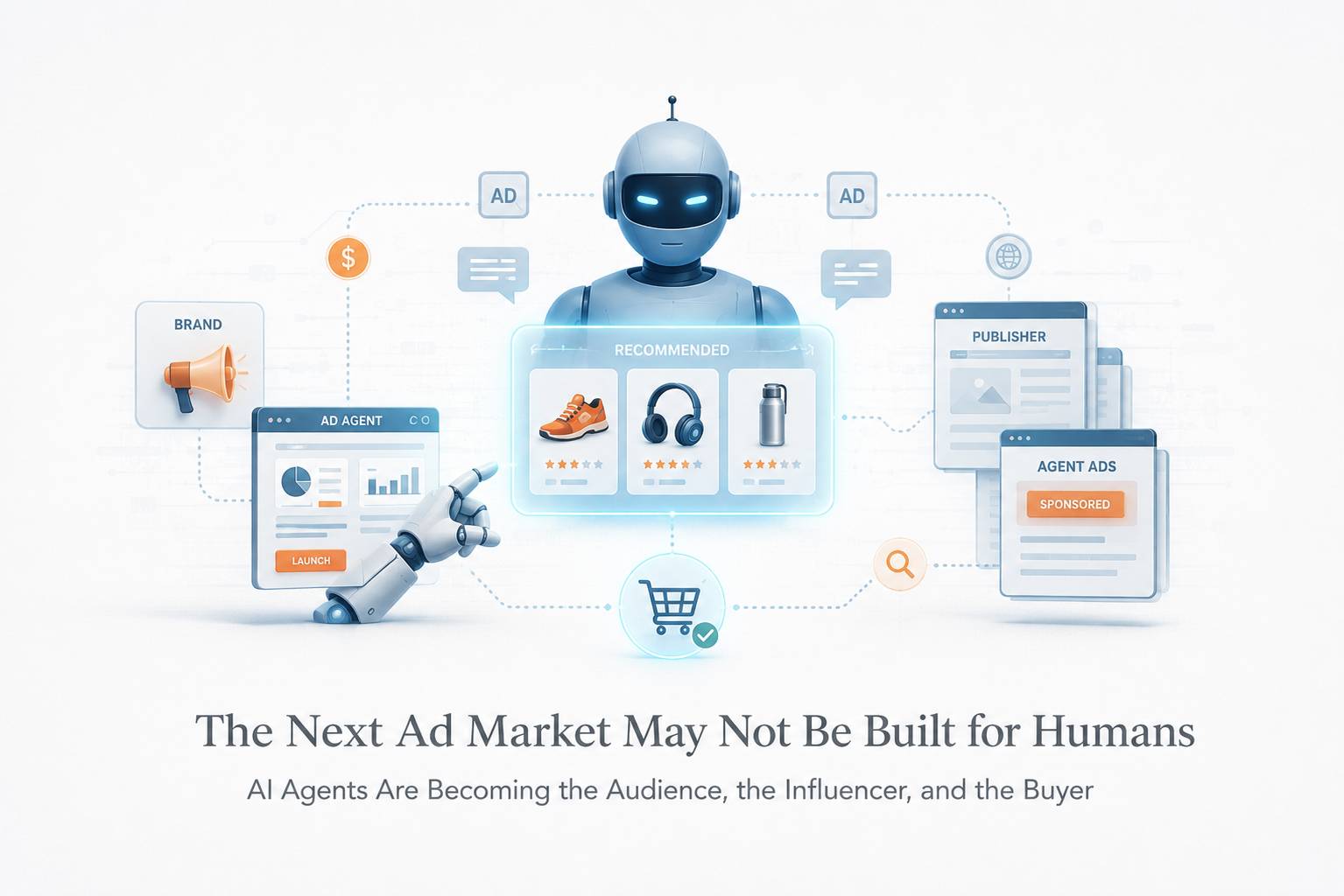 AI agents positioned between brands and consumers, illustrating the emerging advertising layer where machines influence product discovery and purchase decisions.