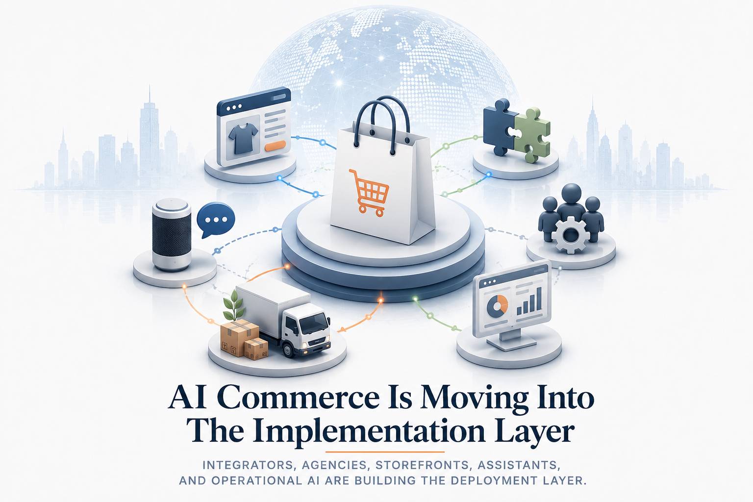 Minimal editorial image showing AI commerce moving from concept into implementation through storefronts, agencies, assistants, and operational systems