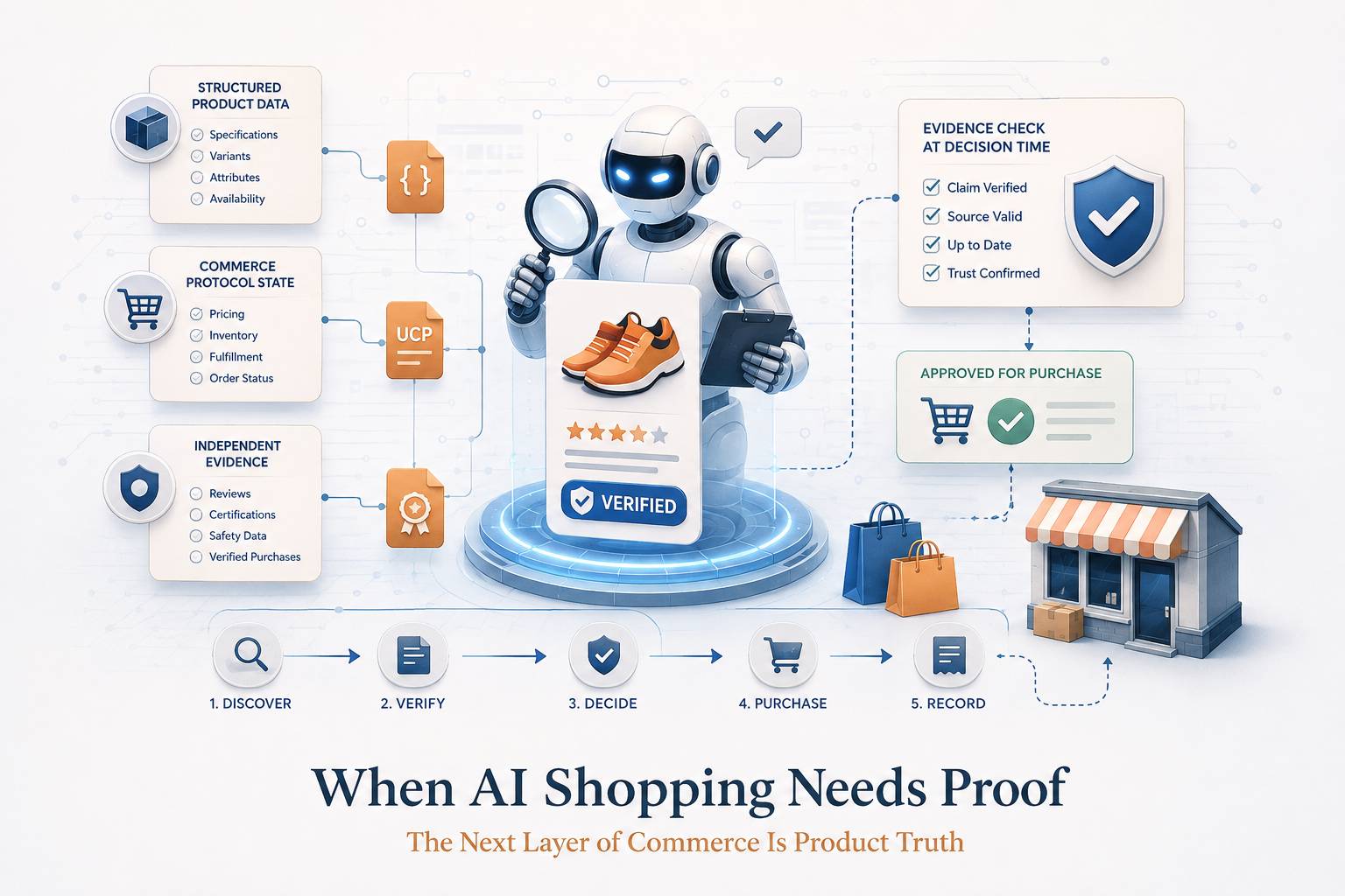 A diagram showing an AI shopping agent checking structured product data, protocol state and independent evidence before approving a product for purchase.