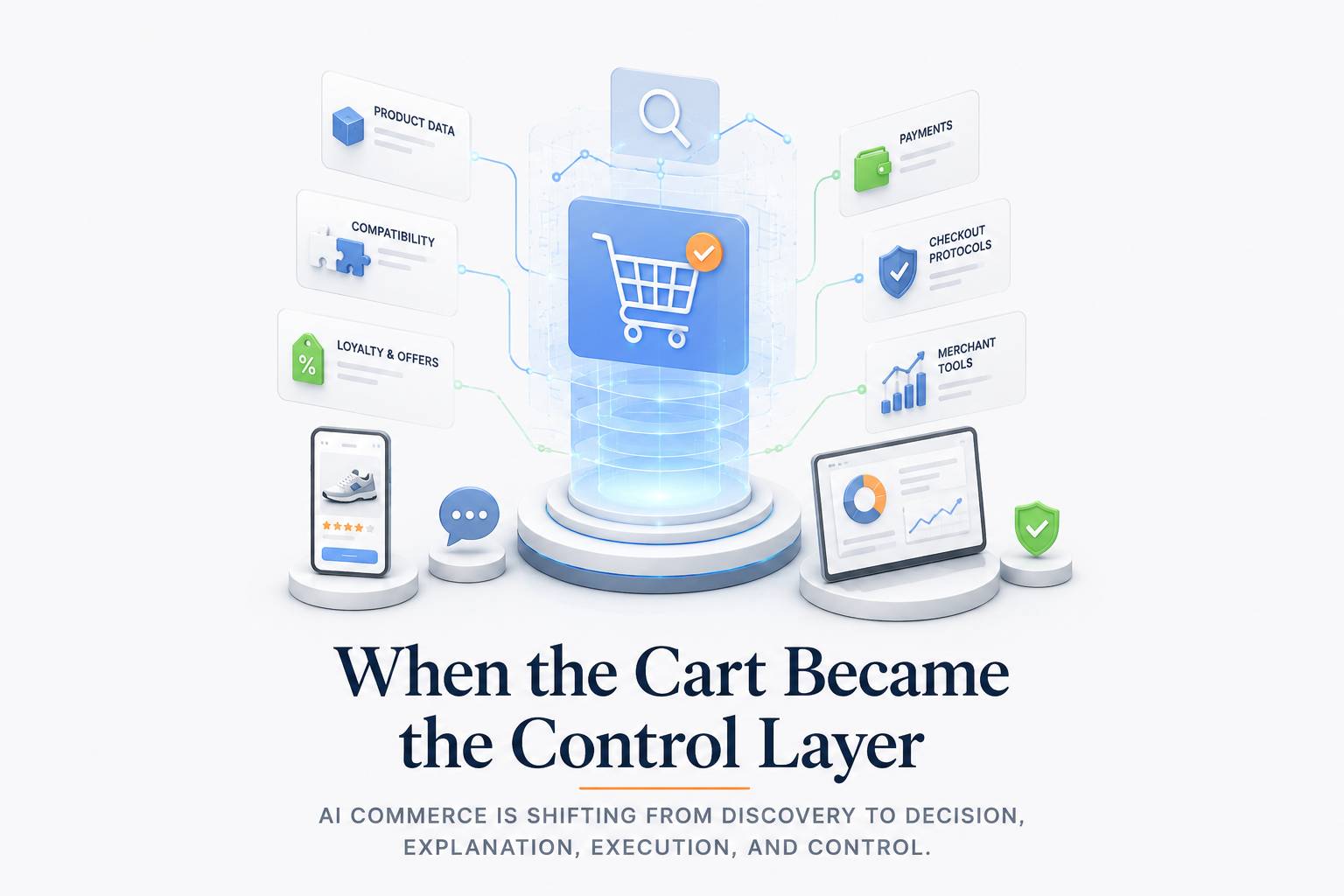 Minimal editorial diagram showing a shopping cart at the center connected to product data, ads, payments, checkout, and merchant tools.