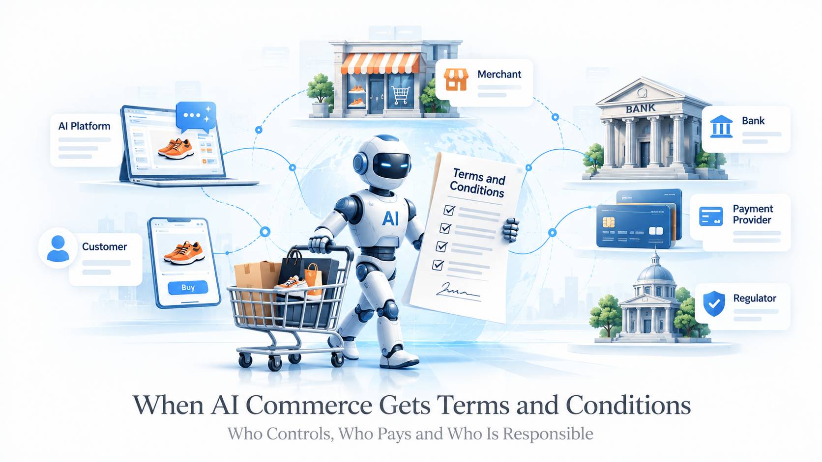 A diagram showing an AI agent completing a purchase while responsibility branches across the merchant, bank, payment provider and AI platform for fraud, fulfilment, data and disputes.
