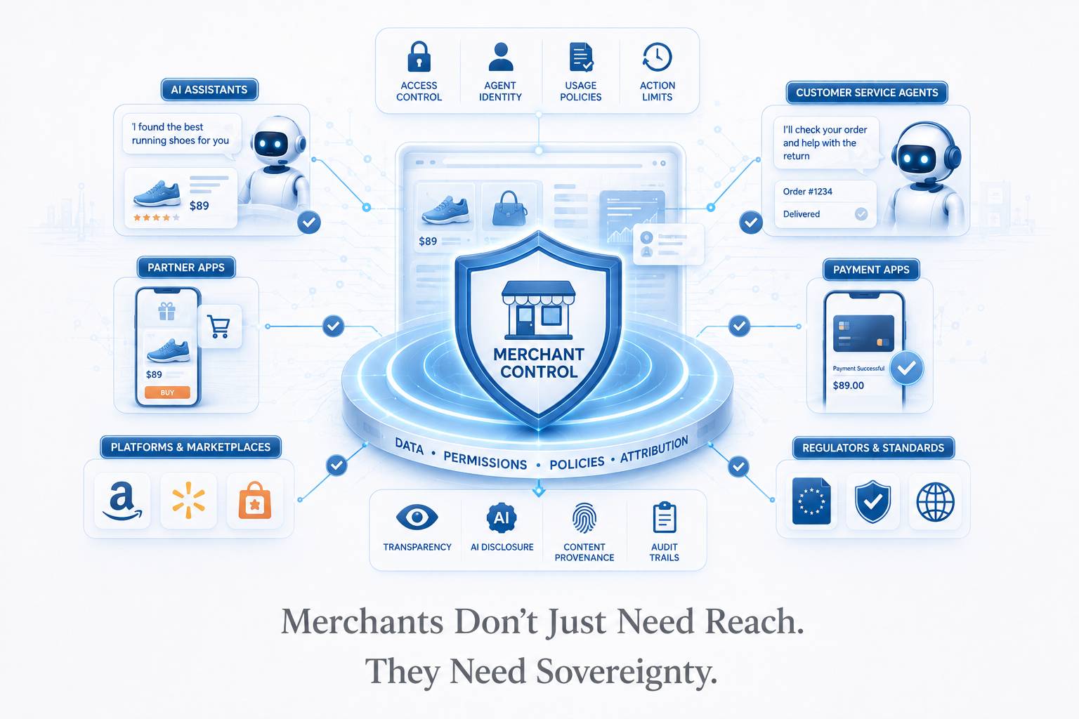 A structural diagram showing a merchant-controlled commerce core distributing verified product data, permissions, and transactions across AI assistants, platforms, and partner applications.